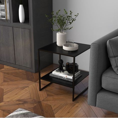 Table d'appoint 40x40x45 cm noire en acier avec étagère ouverte et structure stable (1/5)