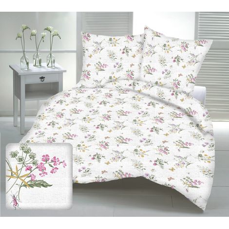 Set di biancheria da letto in corteccia 160x200 bianco con fiori selvatici rosa e viola (1/2)