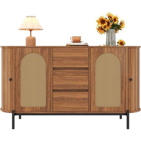 Buffet forme ovale rotin portes coulissantes portes et tiroirs compartiments réglables (1/5)