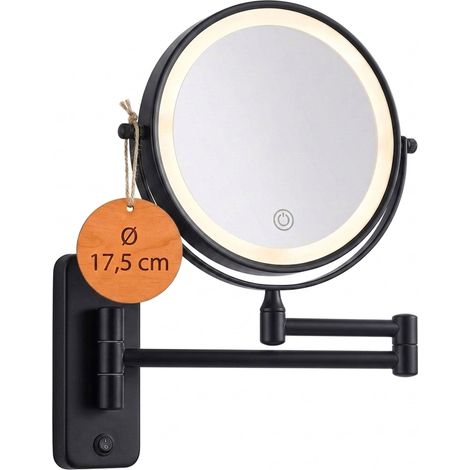 Relaxdays Kosmetikspiegel Wand, mit LED-Beleuchtung, 10-fach, 360° drehbar, Ø 17,5 cm, Metall, Akku mit USB, schwarz