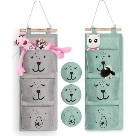 Sac de Rangement Suspendu - Non spécifié - 3 Poches - Lin Coton - Vert, Gris - 60 × 20 cm (1/4)