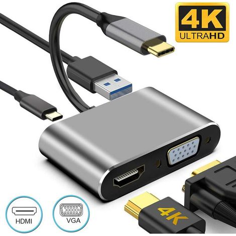 Typ-C auf HDMI & VGA & USB & PD, 4-in-1-Typ-C-Hub auf VGA HDMI 4K UHD USB 3.0 & PD 3.0, USB-C-Adapter für MacBook Pro/iMac/Air Chromebook Pixel Dell XPS Samsung Huawei Smartphones Plug and Play