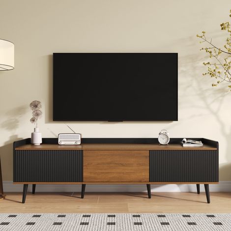 Meuble TV noir et effet bois 160 x 39 x 49,5 cm, 3 portes rainurées, pieds en bois massif, rebord surélevé, charge 60 kg (1/5)