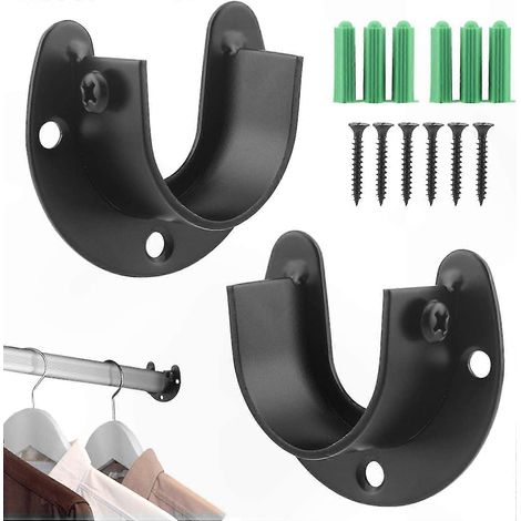 2er-Pack Gardinenstangenhalterungen, 32 mm U-förmige Halterungen mit Schrauben, robuste Edelstahlklemme für Kleiderstangenrohre und Gardinenstangen (Schwarz) (1/5)