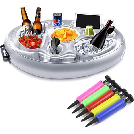 Plateau à boissons gonflable flottant – Grande capacité – pour piscines extérieures, plages, fêtes et spas (argent + pompe) (1/5)