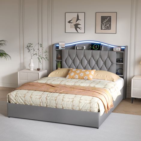 BLANKETSWARM - Lit coffre 140 x 190 cm avec LED, lit double rembourré avec USB, lit double coffre lit double avec rangement cadre de lit - Velours - Gris (1/5)