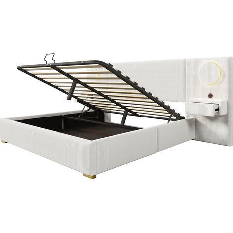 Letto imbottito 180x200 cm in velluto con testiera LED, porte USB e contenitore idraulico beige (1/5)