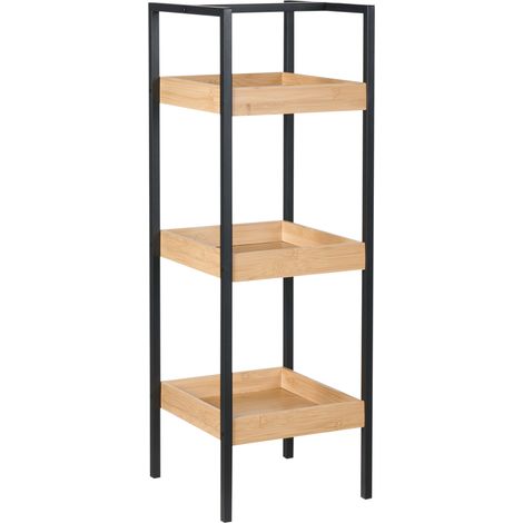 Estantería de 3 niveles para baño estructura de acero negro accesorios de baño de bambú marrón claro Tajzara