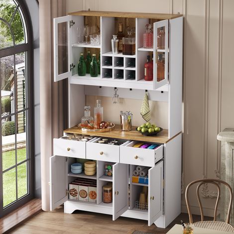 Hochschrank aus MDF in Weiß mit Holzoptik 94,5x30x175,5 cm, 5 Türen, 3 Schubladen und offene Fächer (1/5)