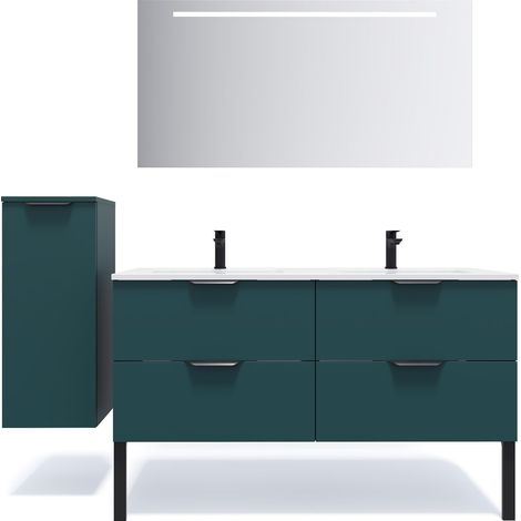 Meuble de salle de bain suspendu double vasque intégrée 140cm 4 tiroirs Bleu + miroir + colonne ouverture gauche - Soho (1/5)