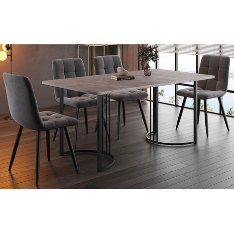 Ensemble repas 5 pièces, table cuisine moderne 140x80cm avec 4 chaises, pieds métal noir, plateau MDF gris, chaises velours gris foncé.