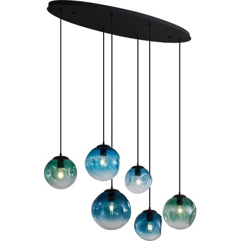 Art Deco Pendant Lamp Black with Oval Ceiling Plate and Green and Blue Glass 6-Lights - Douglass