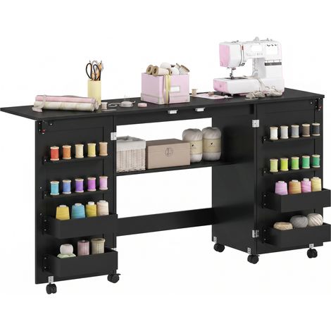 Table de couture - HOMCOM - pliante - roulettes, 2 portes, 4 bacs, 20 crochets - panneau de particules - 160x40x83cm - noir (1/5)
