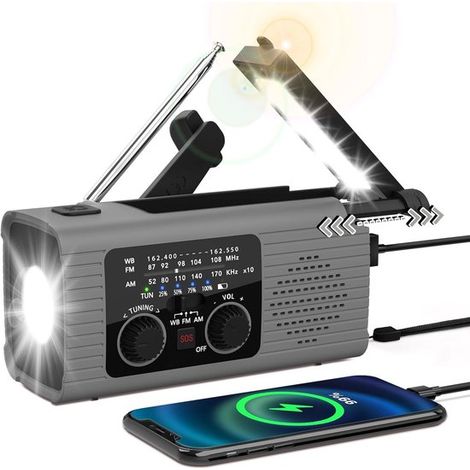 Radio di emergenza 4000, radio FM/AM a energia solare con manovella e batteria da 4000 mAh, dotata di caricabatterie per cellulare, torcia a LED, lampada da lettura, emergenza (1/5)