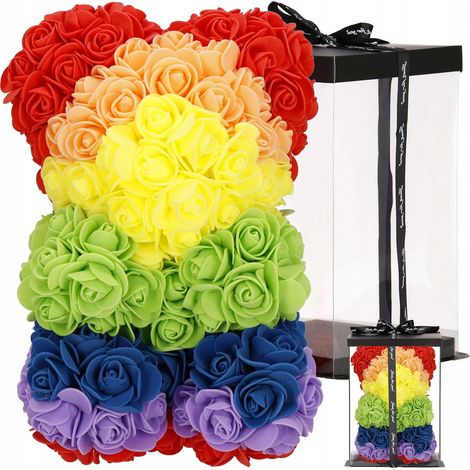 ORSO CON ROSA 30 CM ROSE BEAR CON PETALI DI ROSA FIOCCO SCATOLA REGALO ARCIBALENO (1/5)