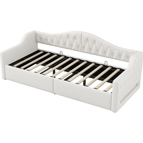Lit de jour rembourré 90x200 avec ruban LED et espace de rangement en dessous, beige (1/5)