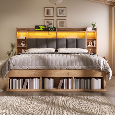 Letto moderno 160x200 cm effetto rovere con testiera imbottita, LED, USB/USB-C, comodini mobili, cassetti e rete a doghe