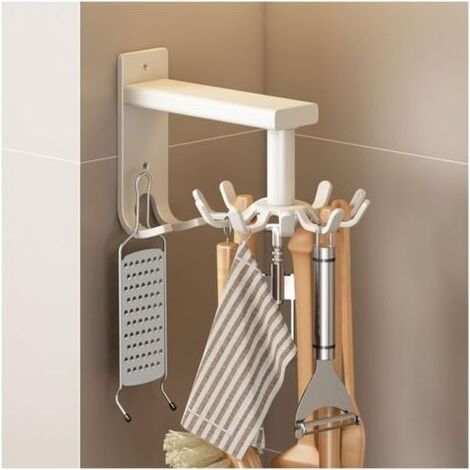 PA 360° drehbares Küchenregal, Küchenutensilienhaken, kostenlose Unterbaumontage, Kaffeeregal, Weiß (10 Haken) (1/4)