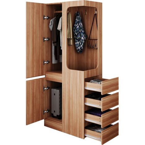 Kleiderschrank mit 1 Tür, 4 Schubladen und Offenem Hängebereich für Schlafzimmer, aus Holz, Naturholz, 70×40×170 cm (1/5)