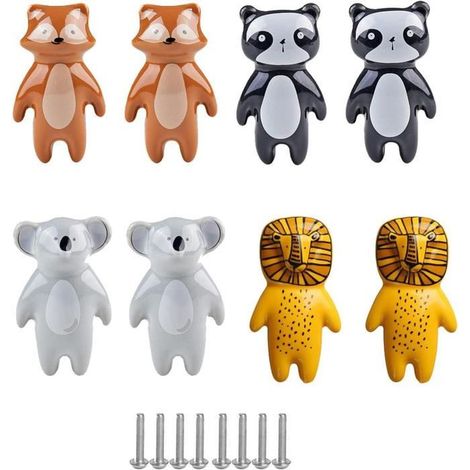 8 pièces, Poignées céramique animaux, Boutons tiroirs meubles, Pandas/Renards/Koalas/Lions, Décoration chambre enfants (1/4)