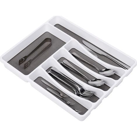 Besteckhalter, ausziehbarer Besteckhalter für Schubladen, verstellbare Besteckablage, kompakte Kunststoff-Besteckablage für Schubladen (Löffel, Gabeln, Messer). (1/5)