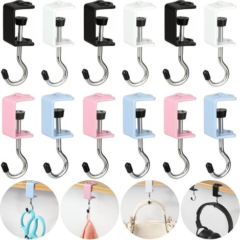 Paquete de 12 ganchos ajustables con clip para cartera, para colocar debajo del escritorio, en colores negro, azul, rosa y blanco. (1/4)