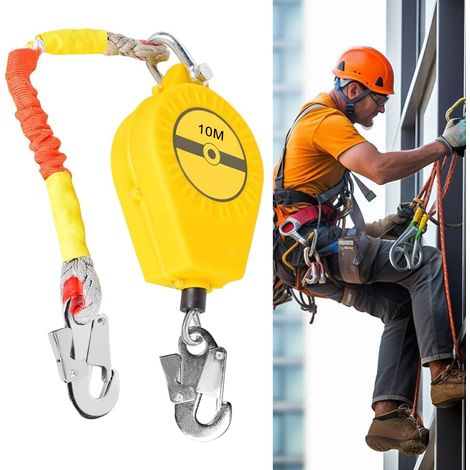 Dispositif Antichute a Rappel Automatique, 10m Protection Antichute Rétractable, Harnais de Securite Anti Chute Rétractable Toiture et Travaux Aériens, 150 KG Maximale(Jaune,10m) (1/5)