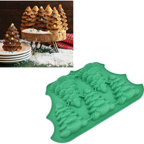 Moule à gâteau en silicone vert à 5 compartiments en forme de sapin de Noël, avec plaque de cuisson et ustensiles de pâtisserie. Décorations de Noël incluses. (1/5)