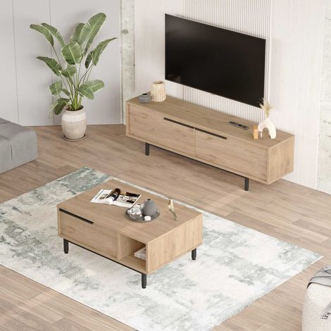 Hanah Home – Ensemble meuble TV et table basse en aggloméré chêne – Dimensions meuble TV 160x35.5x45 cm – Table basse 90x60x37.6 cm – Design moderne (1/4)