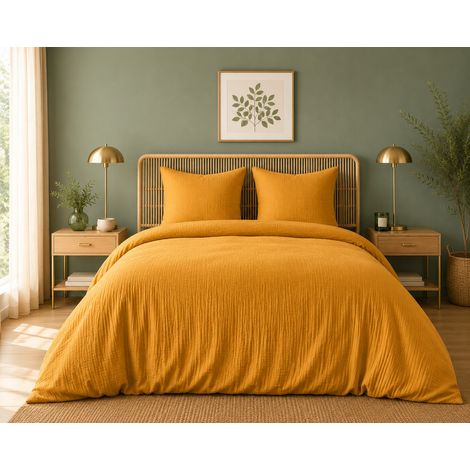 Parure de lit en Gaze de Coton 240 x 220 cm + 2 Taies d'Oreiller 65 x 65 cm Epure Jaune (1/4)