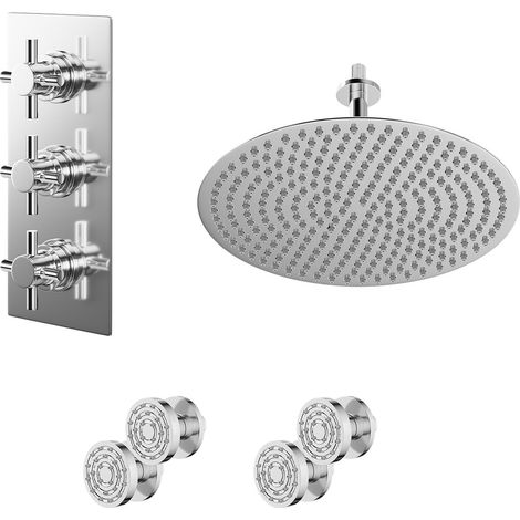 Cross Polished Chrome Concealed Triple Thermostatic Shower Valve and 400mm Round Head with 150mm Ceiling Arm and 4 Body Jets - 2 Outlet (1/5)