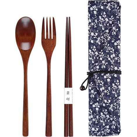 Ensemble Couverts En Bois - Baguettes Cuillère Fourchette Naturel - Pour Cuisine Pique-Nique Camping - 1 Set Avec Étui (1/5)
