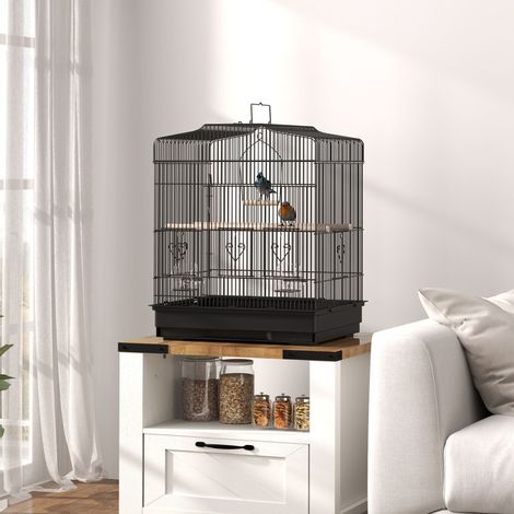 Cage Oiseaux Mangeoires Perchoirs Balançoire Plateau Amovible Cadre Animaux Compagnie Acier Noir 46,5x36x59cm (1/4)