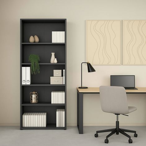 Dmora - Estante para libros Desiree, Estante de oficina, Porta libros móvil, Biblioteca, 80x34 h205 cm, Gris (1/5)