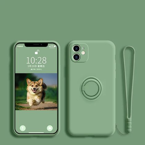 Coque de téléphone en silicone liquide souple (pour iPhone 12 mini vert) avec support, anneau et dragonne (1/5)