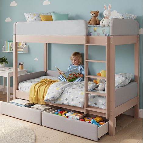 Lit superposé enfant 90/200 cm gris et naturel en bois et MDF avec 2 tiroirs (1/5)