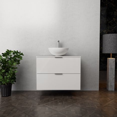 Inda - Badezimmerschrank B.80 mit Aufsatzwaschbecken / Weiß glänzend 2 Schubladen - Topazio