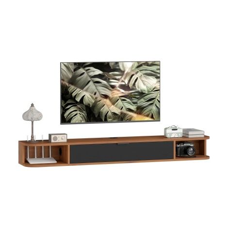 Meuble TV Suspendu, Meuble Télé pour Téléviseur jusqu'à 60 Pouces, Tiroir Rabattable, 2 Étagères, 140x24x16cm, Noyer (1/5)