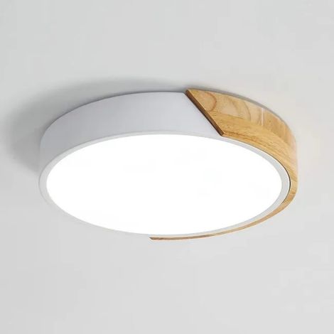 Plafonnier LED circulaire style nordique naturel et design moderne élégant pour salon chambre ou bureau 30 cm 24W Métal Bois Blanc (1/4)