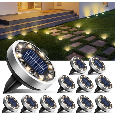 Lot de 12 Lampe Solaire Au Sol, LED Jardin Exterieur Solaire Etanche IP65 Lumiere Solaire, Spot Solaire Extérieur pour Chemins Pelouse Terrasse Allée Cour Piscine, Blanc Chaud(5.55.5cm)