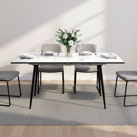 Urban Meuble – Table de salle à manger extensible blanche effet marbre – Dimensions 120-160 x 80 cm – Pieds en métal noir – Design scandinave