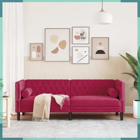 Canapé Chesterfield - 372697 - Velours rouge bordeaux - 3 places - Avec traversins (1/5)
