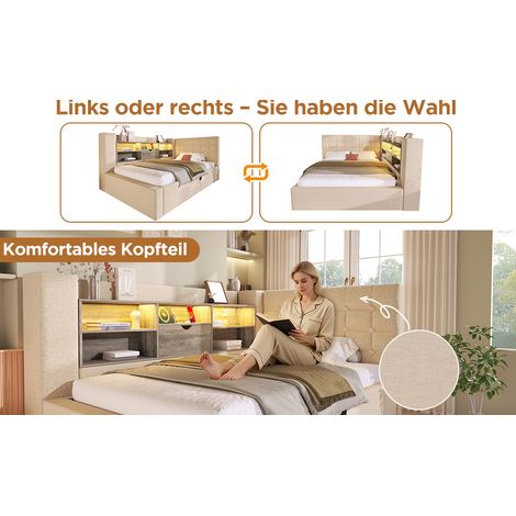 Cama 90x200 cm de lino beige con LED y almacenaje, ahorra espacio, sin colchón – MEUBLIV (1/5)