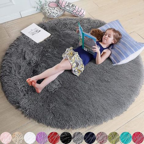Tapis rond rose poudré, idéal pour la chambre à coucher, tapis rond moelleux 120 x 120 cm, idéal pour les enfants, gris. (1/5)