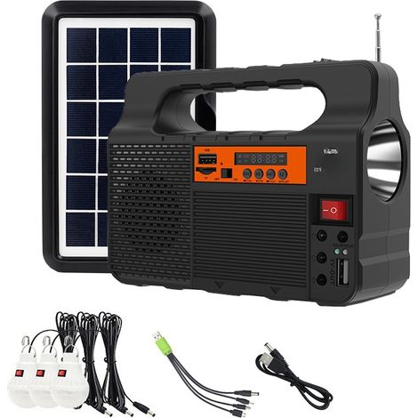 Générateur solaire portable avec panneau solaire, radio, haut-parleur Bluetooth, chargeur de téléphone, lampe torche, station d'alimentation, batterie rechargeable intégrée 3600 mAh (3 pièces incluses (1/5)