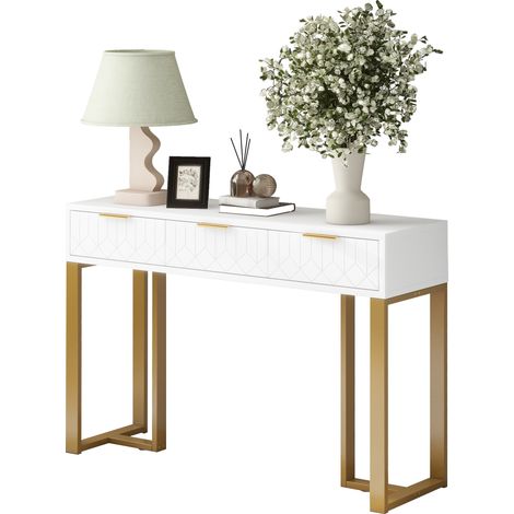 Table console moderne avec tiroirs, structure dorée, pieds réglables et poignées élégantes (Blanc + Or) (1/5)