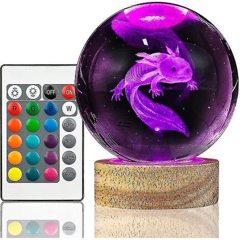 KLVGTIFS PU - Boule Axolotl 3D, lampe boule K9 de 8 cm avec 16 canaux, base et télécommande, idéale pour les enfants.