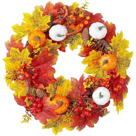 Couronne de citrouilles d'automne de 40 cm, décoration murale de style ferme (1/5)