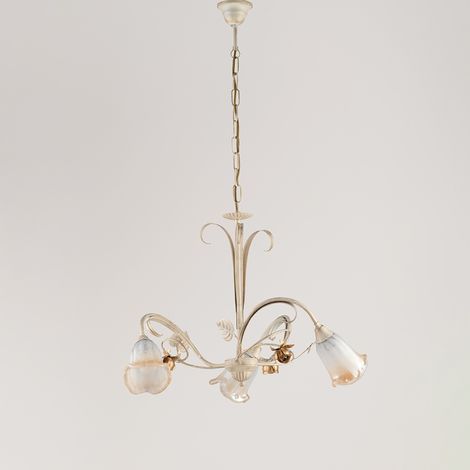 Lampadario Classico Arte Povera 3 Luci Ferro Battuto Avorio E Oro Serie Cestino