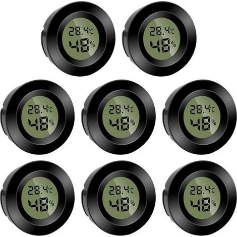 Juego de 8 mini higrómetros digitales redondos - Higrómetro - Temperatura (°F) o Celsius (°C) - Para uso en interiores, oficina o sala de estar - Pilas incluidas (1/5)